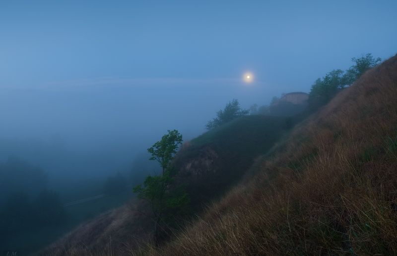 fog, mood, moon, morning, panorama, river, spring, весна, долина, луна, май, панорама, Псел, река, туман, Утро, холмы, Valley, may, blue hour, Psel, синий час, before sunrise Утренний романс фото превью