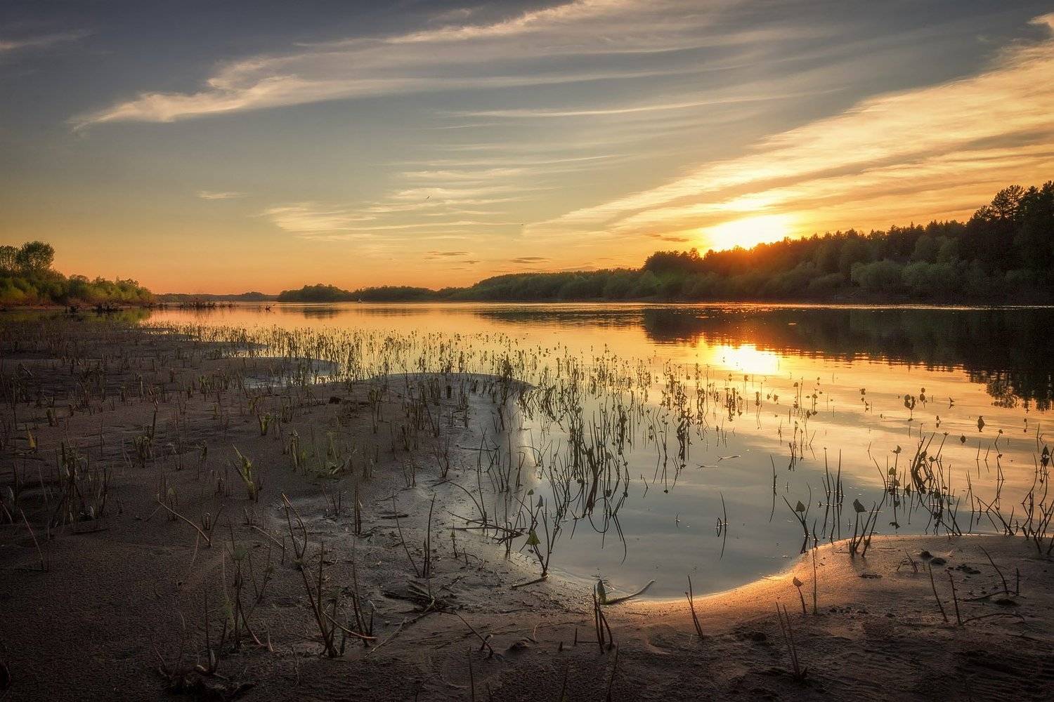 закат, лето, река, небо, облака, отражение, солнце, Пушкарев Николай