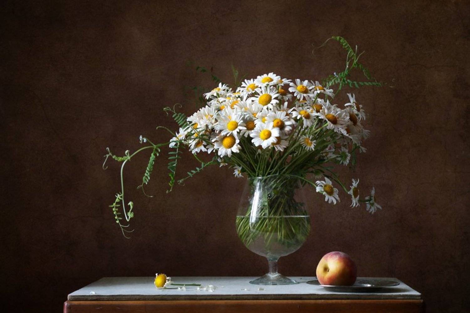 натюрморт, цветы, ромашки, персик, Курочкина Диана