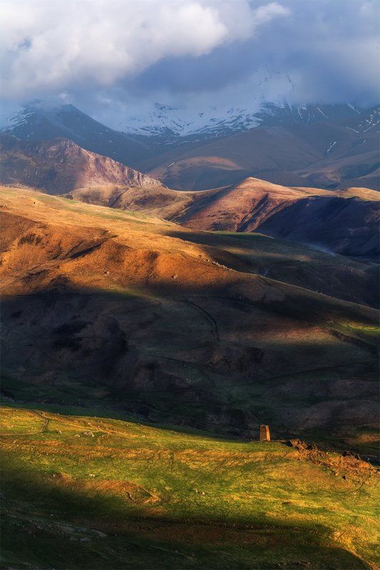 природа, пейзаж, кавказ, горы, весна, вечер, панорама, закат, солнце, небо, облака, свет ***** фото превью