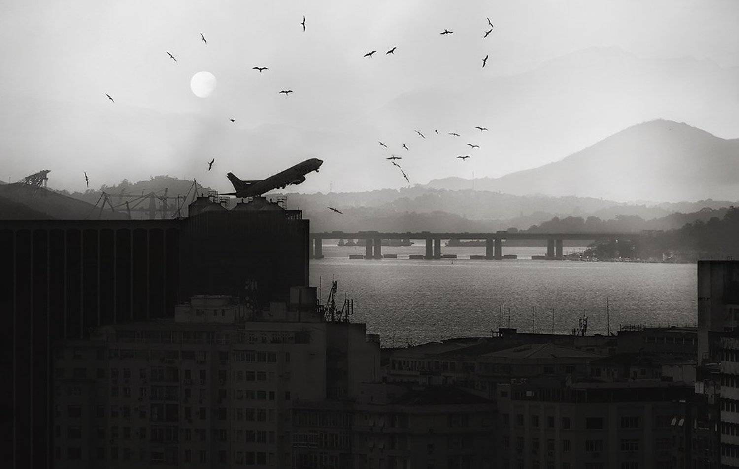 самолёт, взлёт, высота, солнце, птицы, фрегаты, дома, рио де жанейро, горы, атлантический океан, акватория, аэропот, ALLA SOKOLOVA