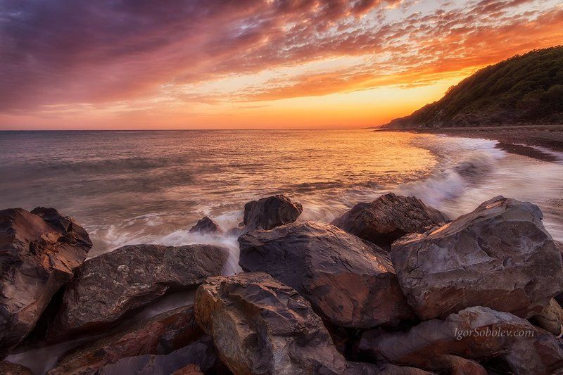 черное море, россия, вечер, закат, море, прибой, берег, облака, джубга Закатное фото превью