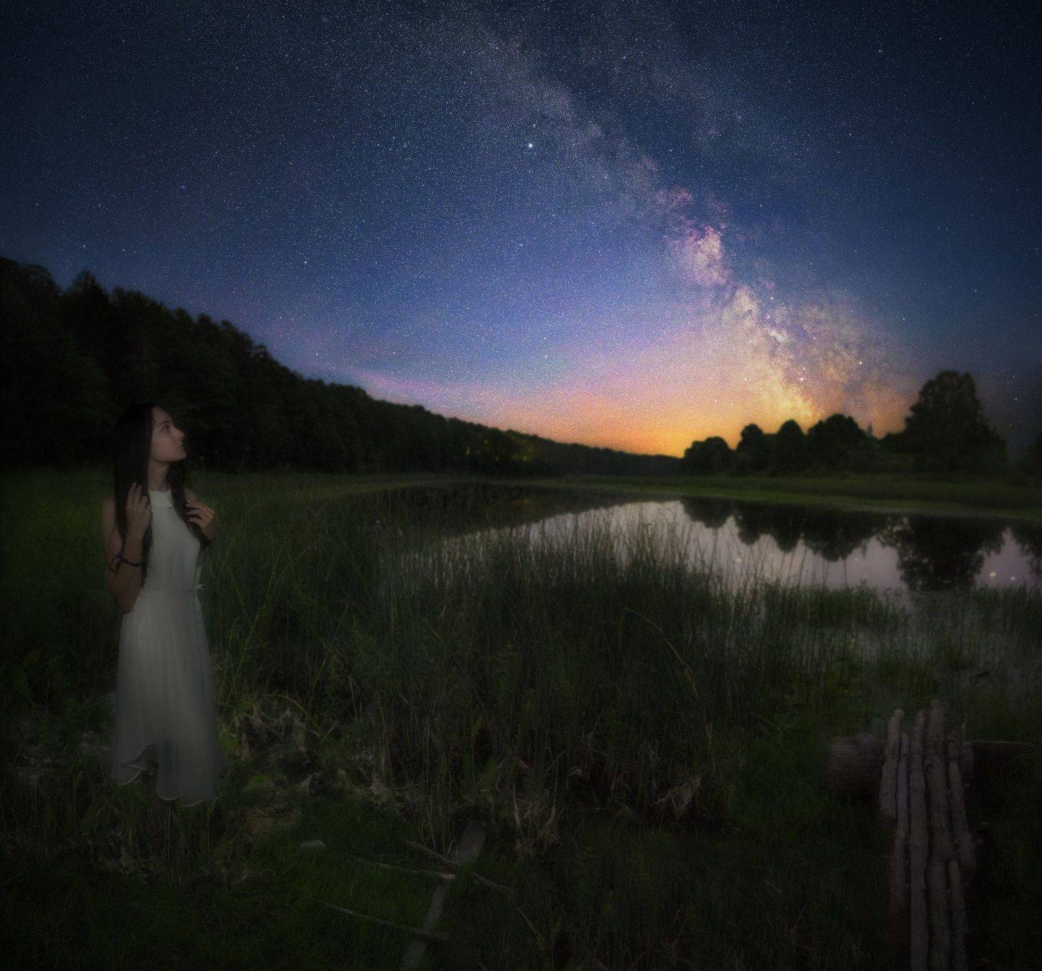 млечный путь, звезды, ночь, звезда, девушка, девушка под звездами, природа, озеро, река, Харланов Никита