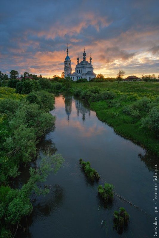 закат,лето,река,савинское,цекровь,храм,небо,тучи,пейзаж,россия,русский, Закат в Савинском фото превью