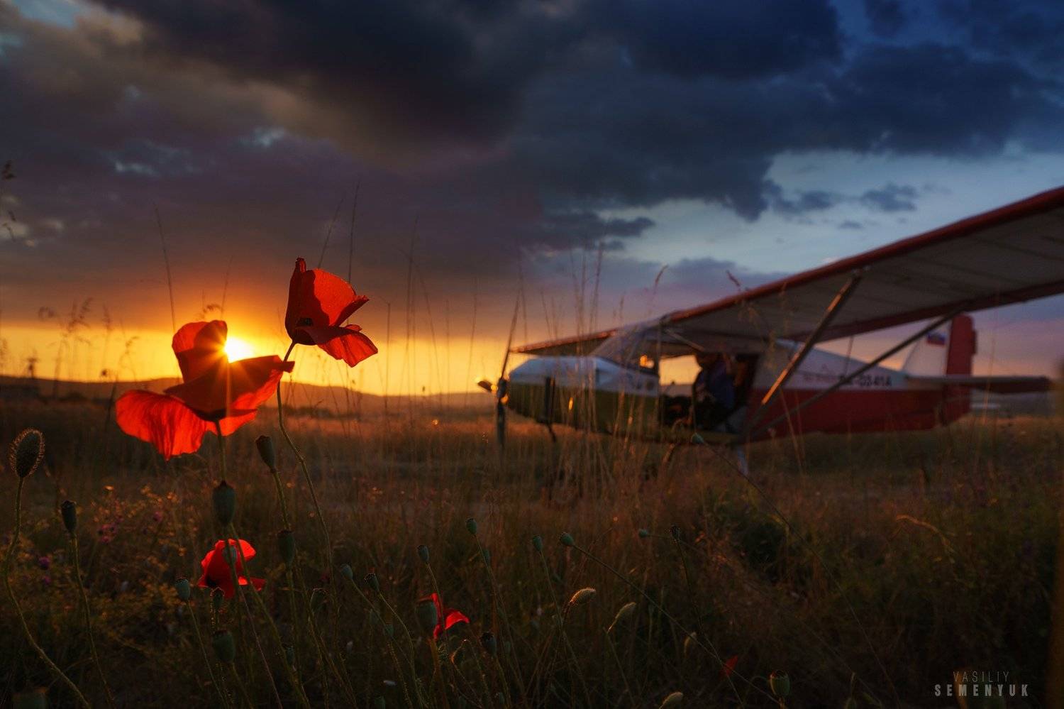 Крым, самолёт, закат, маки, поле, облака, Солнце., Семенюк Василий