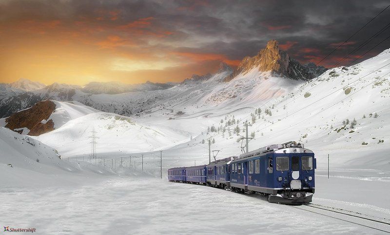 train, winter, sunset, mountain, snow, зима, снег, закат, гора, поезд, .winterland tales фото превью