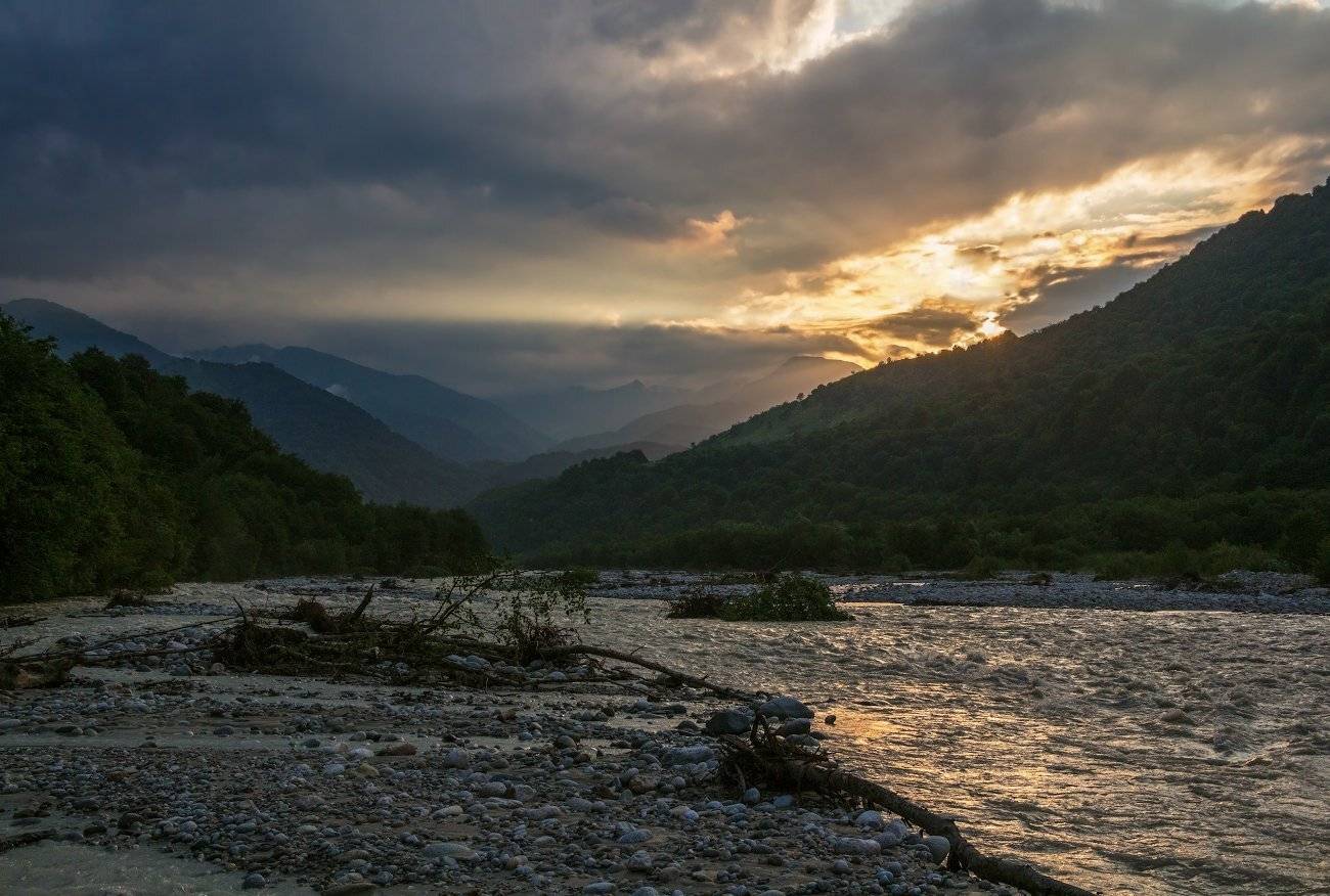 горы, река, закат, Эстелла