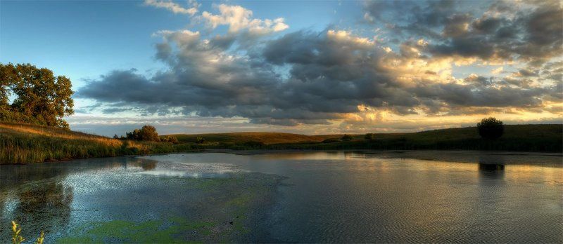 панорама, пейзаж, пруд, облака, закат  фото превью