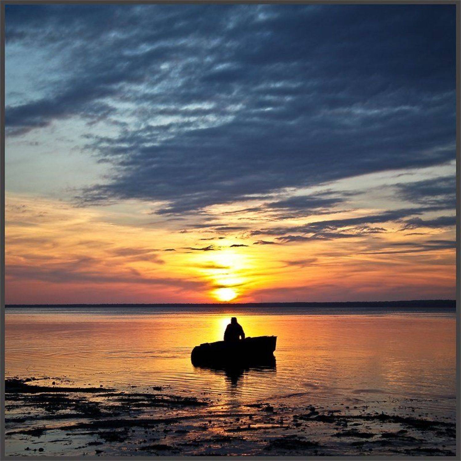 вода, небо, лодка, рыбак, , облака, закат, Владимир Крылов