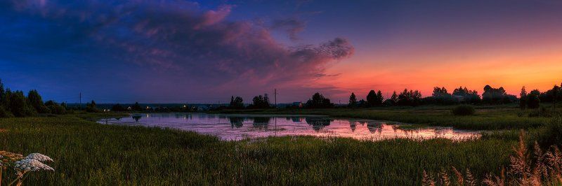 вечер, закат, деревня, озеро, огни, небо, отражение озарение фото превью
