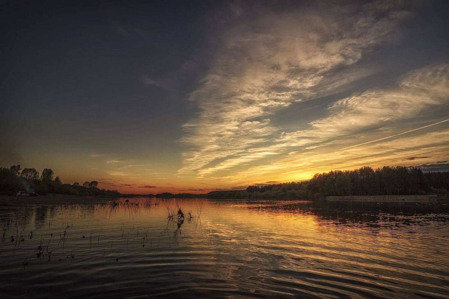 река, закат, солнце, отражение, облака, вечер, Пушкарев Николай