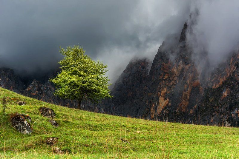 природа, пейзаж, кавказ, горы, весна, облака, свет, скалы, На контрасте фото превью