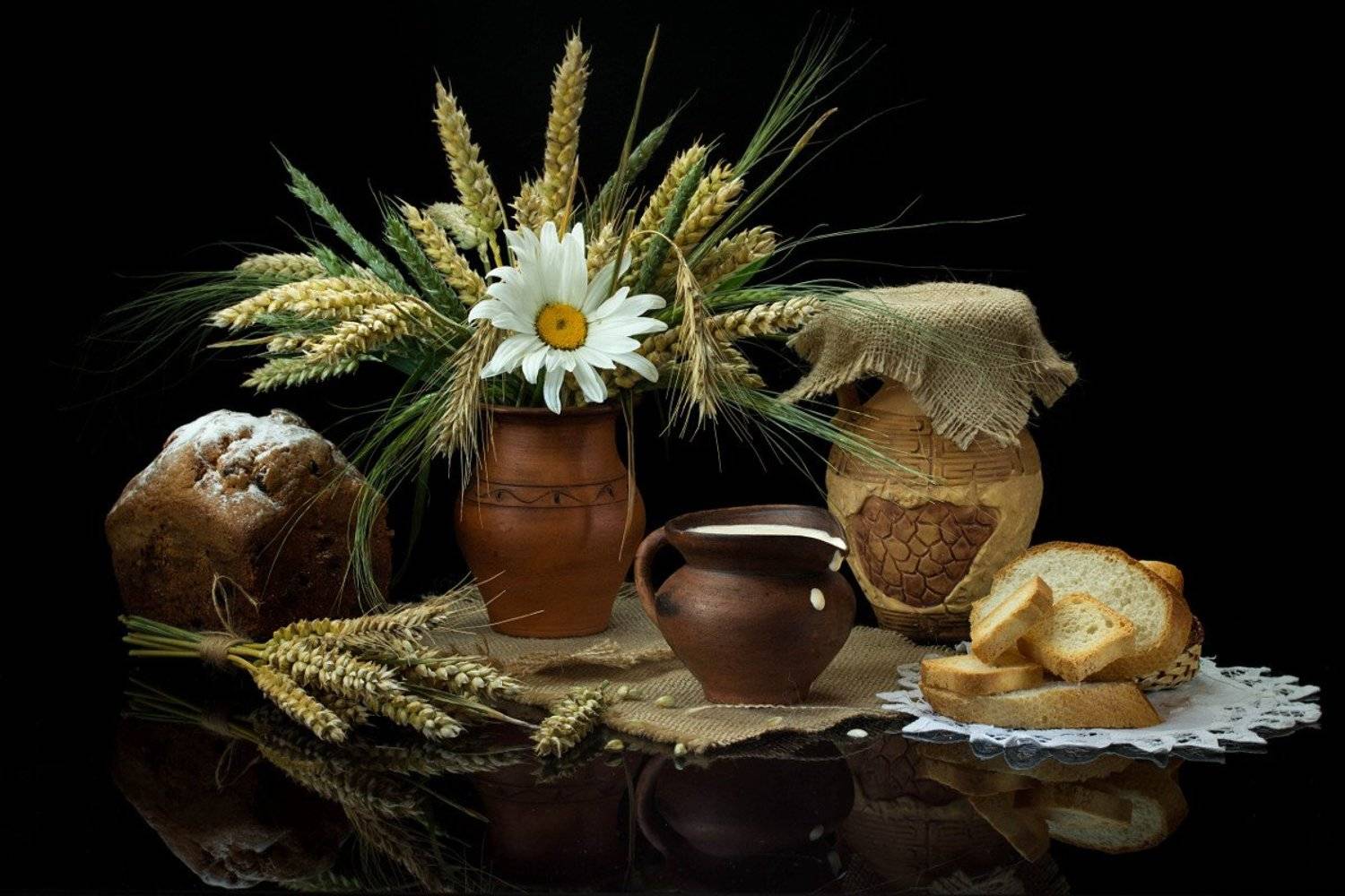 натюрморт, хлеб, молоко, крынка, колоски, ромашка, Шруб (Беляева) Татьяна