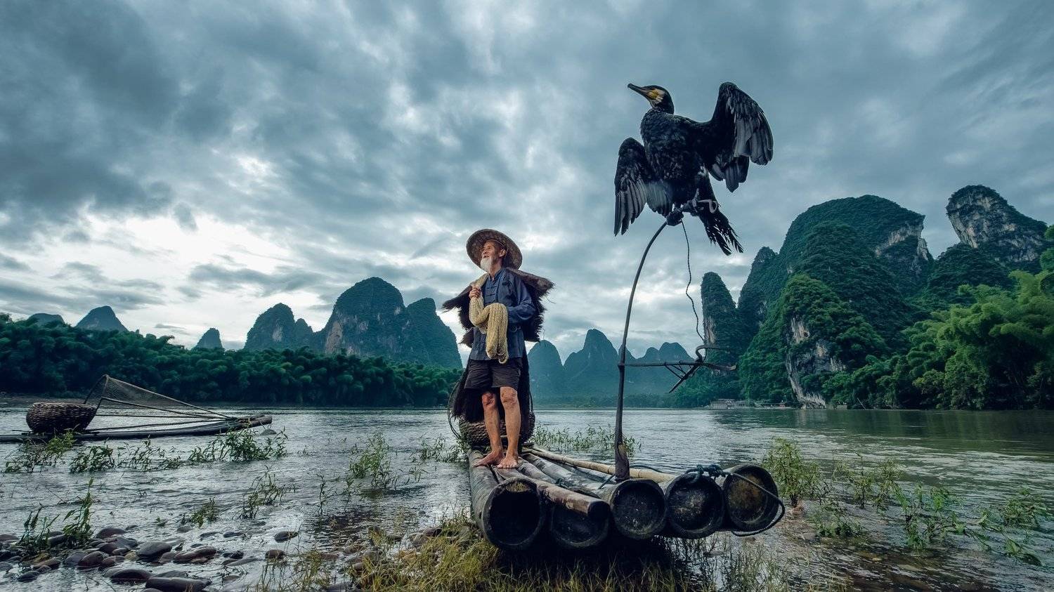 china, guilin,bird,river,mountain,cloud,boat,aisa,asian,, ADIREK M