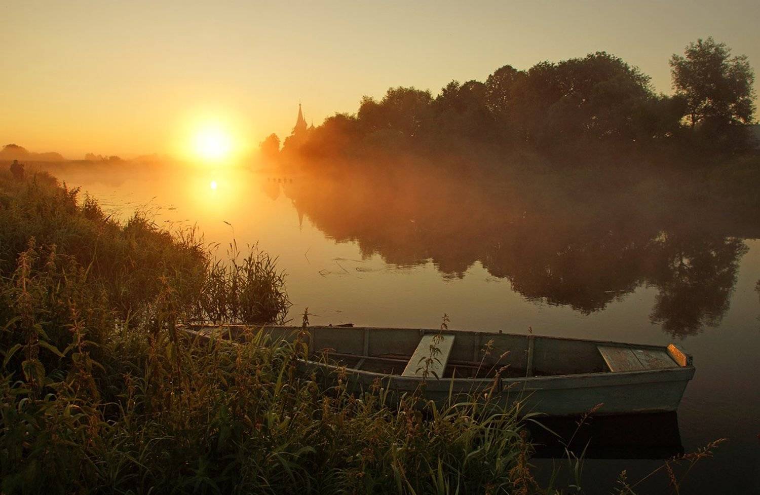 рассвет, туман, лодка, Петр Косых