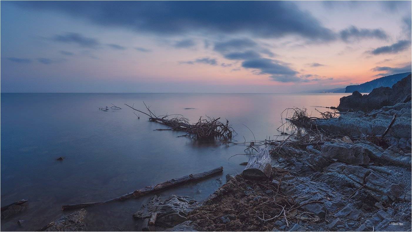 море, панорама, небо, тучи, облака, закат, горы, пляж, берег, камни, длинная выдержка, Jazz Man