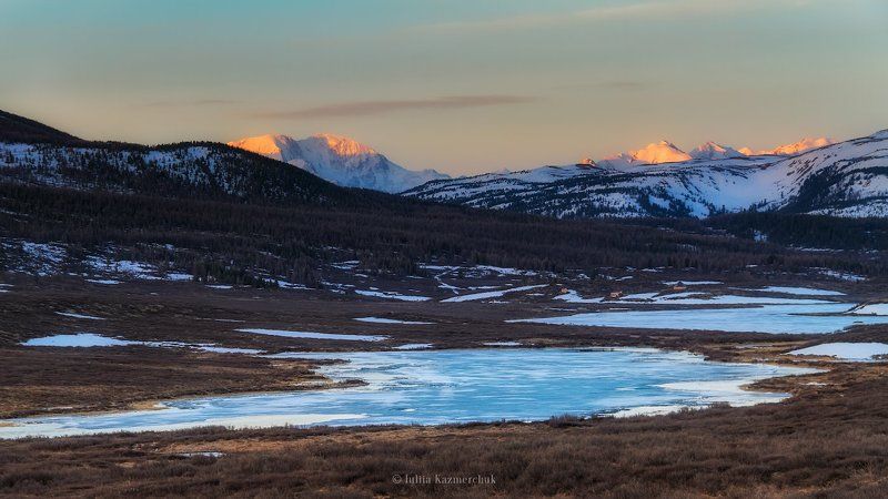 landscape, scenic, nature, travel, outdoo, rview, spring, mountains, snow, sunrise, range, Altai Пробуждение фото превью