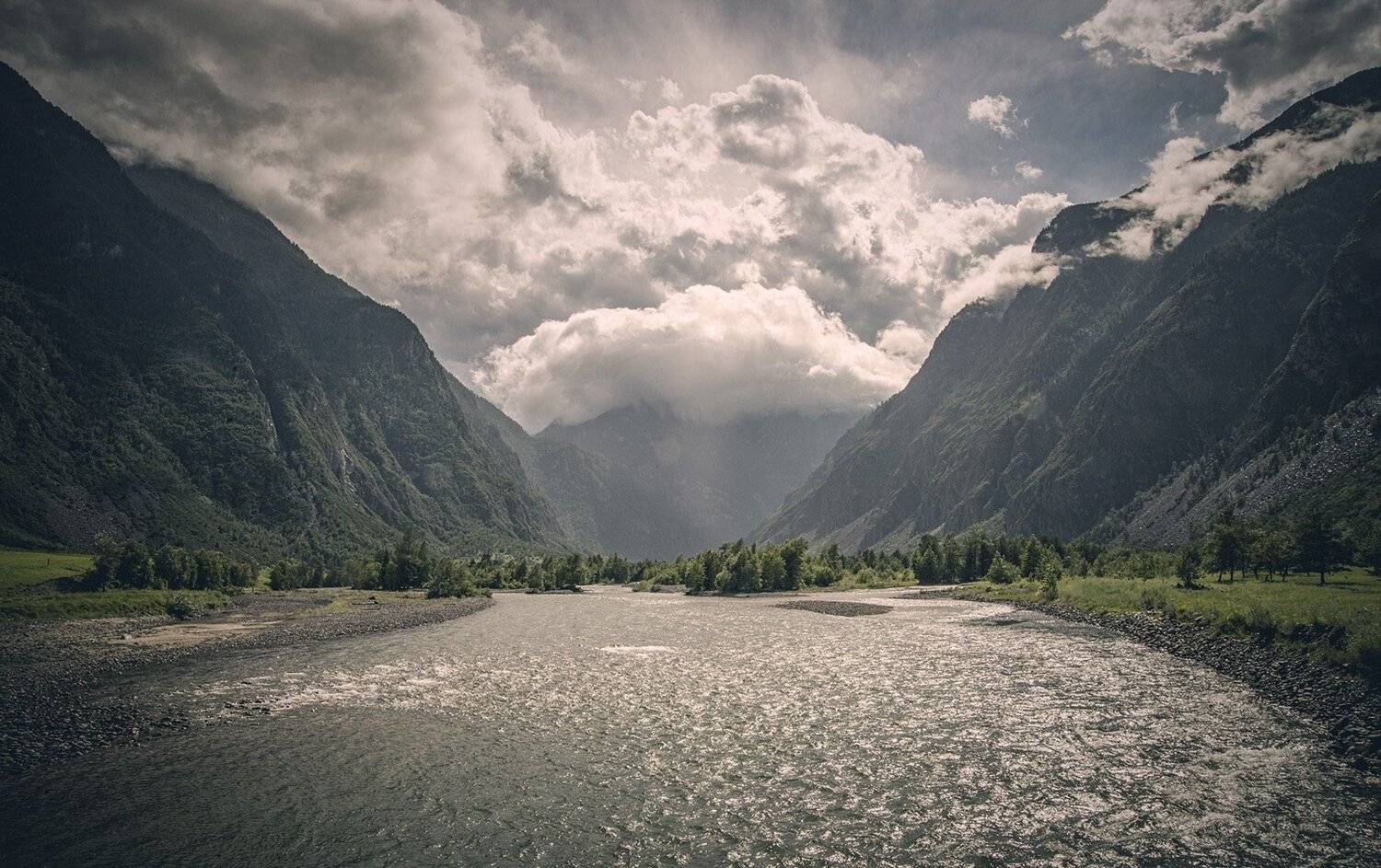 река, горы, долина, облака, дождь, солнце, алтай, башкаус, Игорь Токарев