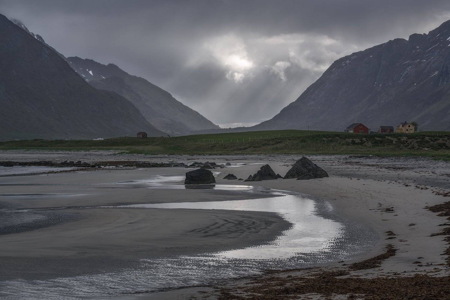 arctic, barn, beach, blue, cliff, clouds, green, house, landscape, lofoten, lofoten islands, long exposure, mountain, nature, nopeople, norway, outdoors, puddles, rock, sand, scandinavia, scenic, sea, seashore, seaweed, shore, sky, sunrays, uttakleiv beac, Ludwig Riml