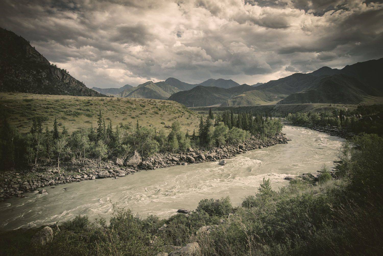 катунь, алтай, река, горы, долина, облака, вечер, Игорь Токарев