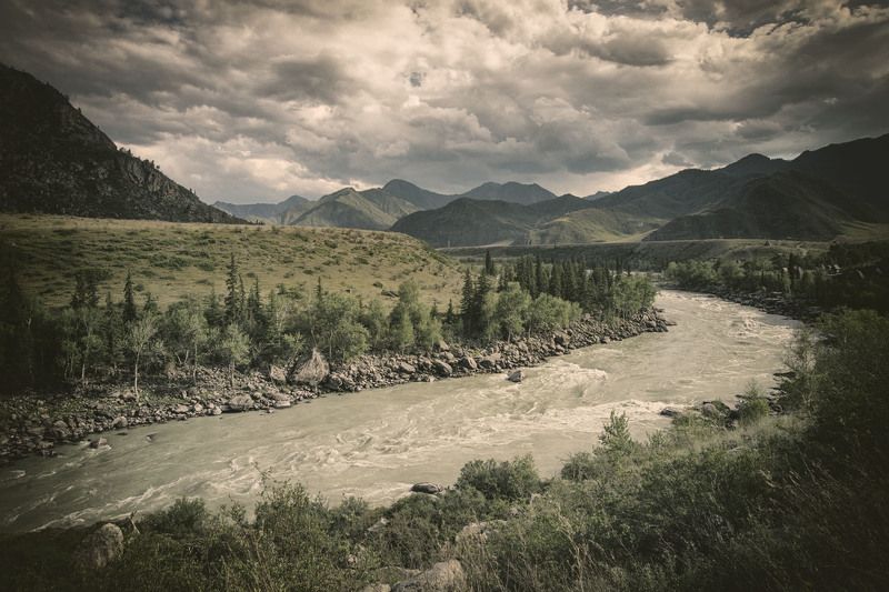катунь, алтай, река, горы, долина, облака, вечер Катунь фото превью