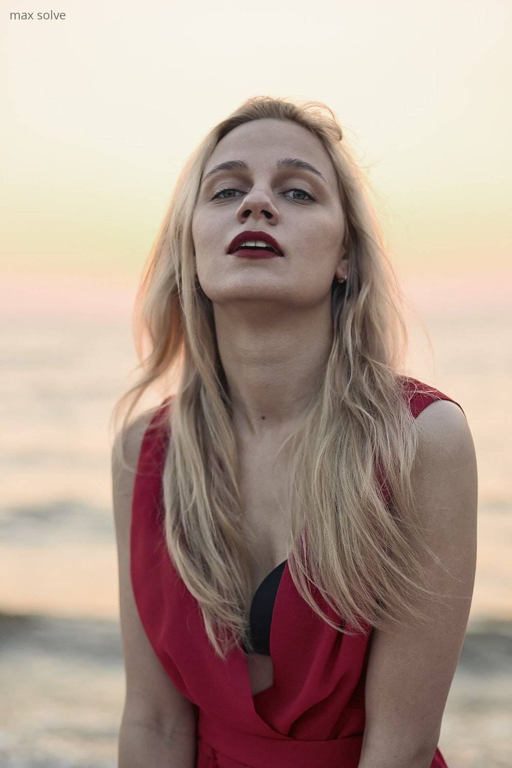 portrait, sexy, hot, summer, fashion, boudoir, sunset, sunshine, outdoor, sea, beach, natural, natural light, underwear, hair, face, water, red, dress, Max Solve