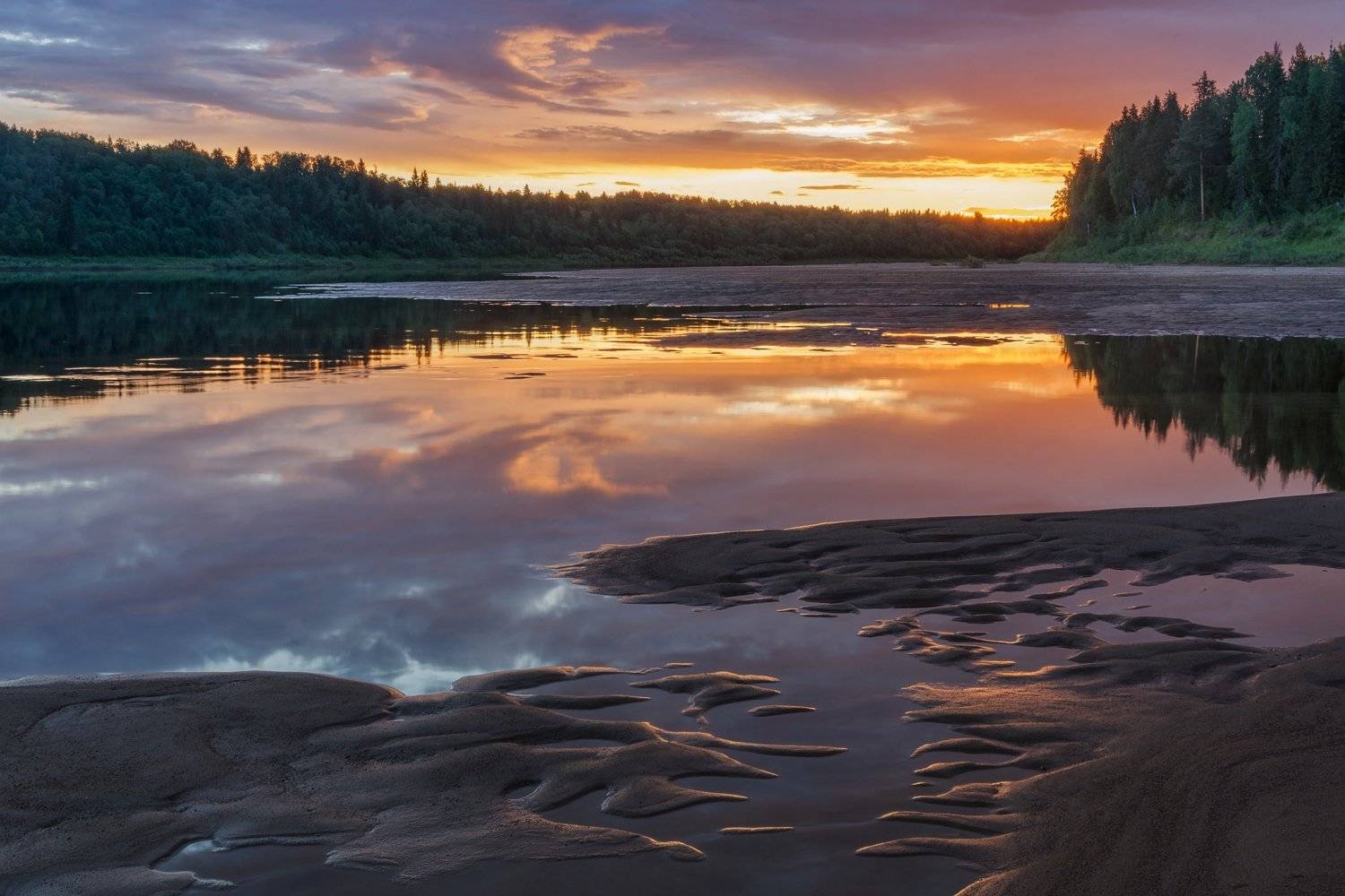 закат река вага вода июль лето лес песок отражения, Ра Вера