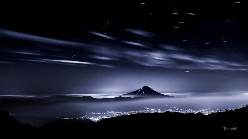 Fuji,Japan,mountain,clouds,star, Night mountain peak фото превью
