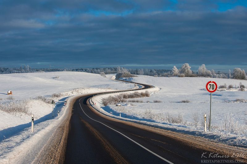 snow way road tree forest white winter sky clouds latvia landscape field sign The Winter Road фото превью