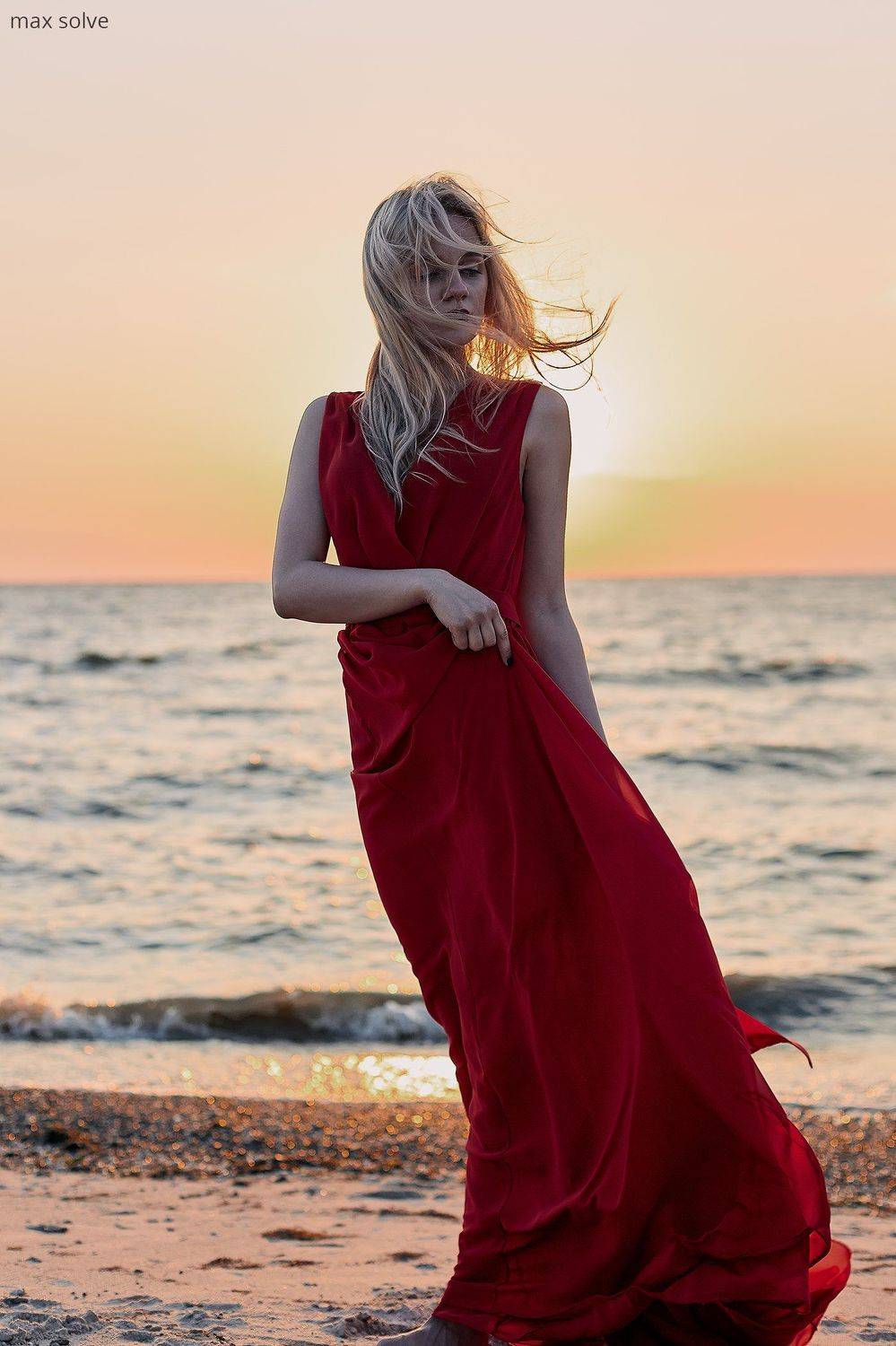 portrait, sexy, hot, summer, fashion, boudoir, sunset, sunshine, outdoor, sea, beach, natural, natural light, underwear, hair, face, water, red, dress, Max Solve