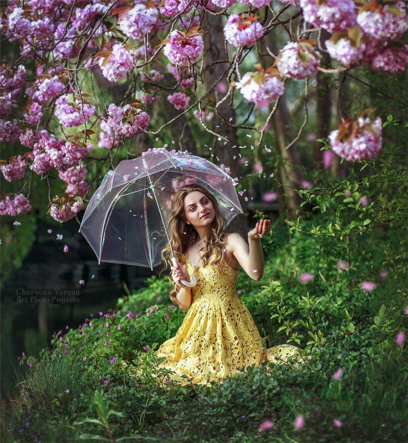 сакура, девушка, река, весна, цветы, полянка, лепески, Дарья Яковенко