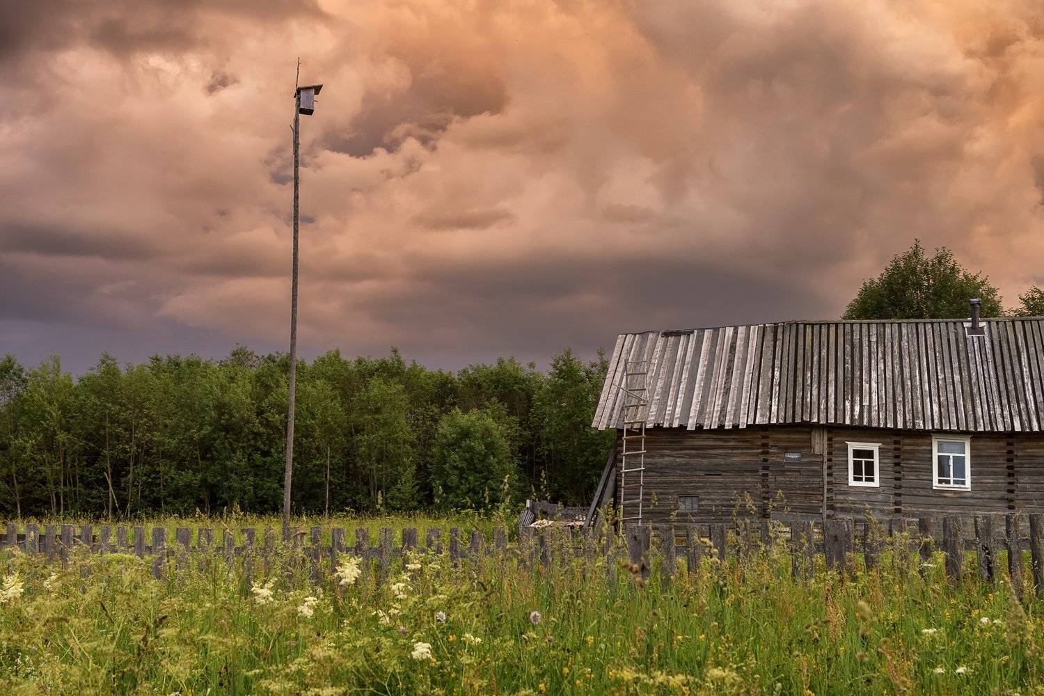 июль деревня дом скворечник небо облака грозовые, Ра Вера