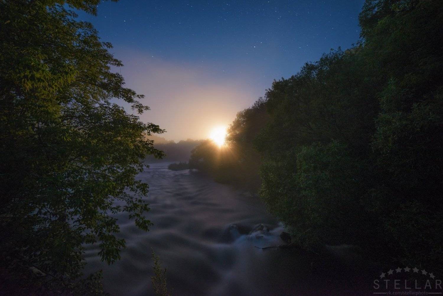 ночь, луна, река, брод, звезды, Andrew Kolobov