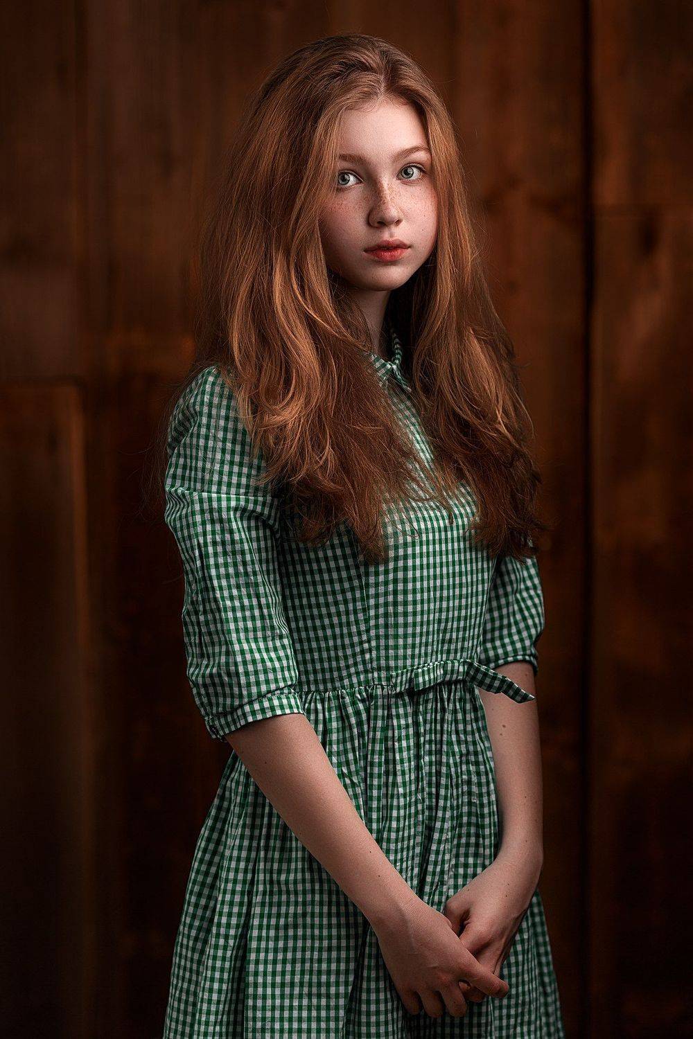 young, beauty, girl, red, color, hair, green, dress, art, shy, model, eyes, emotions, portrait, light, Гладков Степан