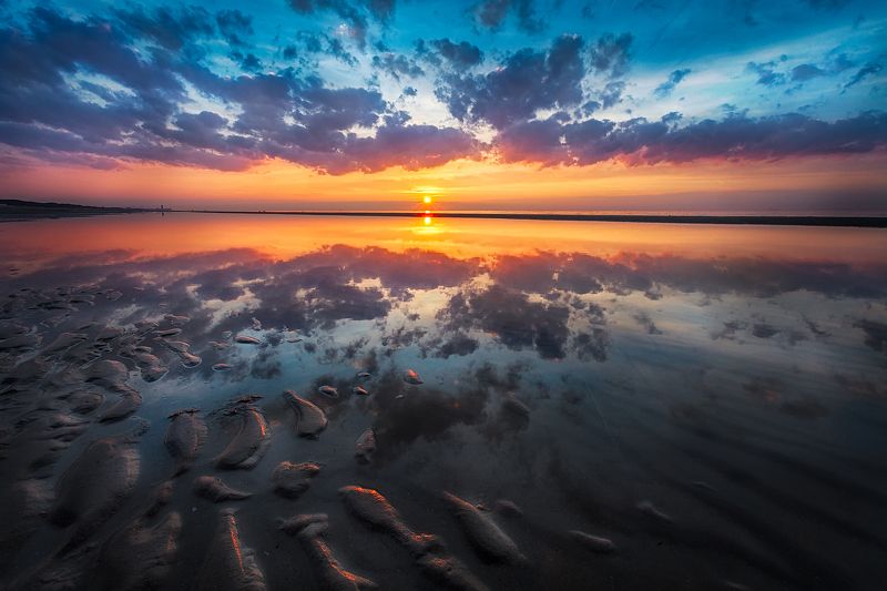 закат, море, бельгия, де хаан, солнце, берег, отражение, литораль *Littoral* фото превью