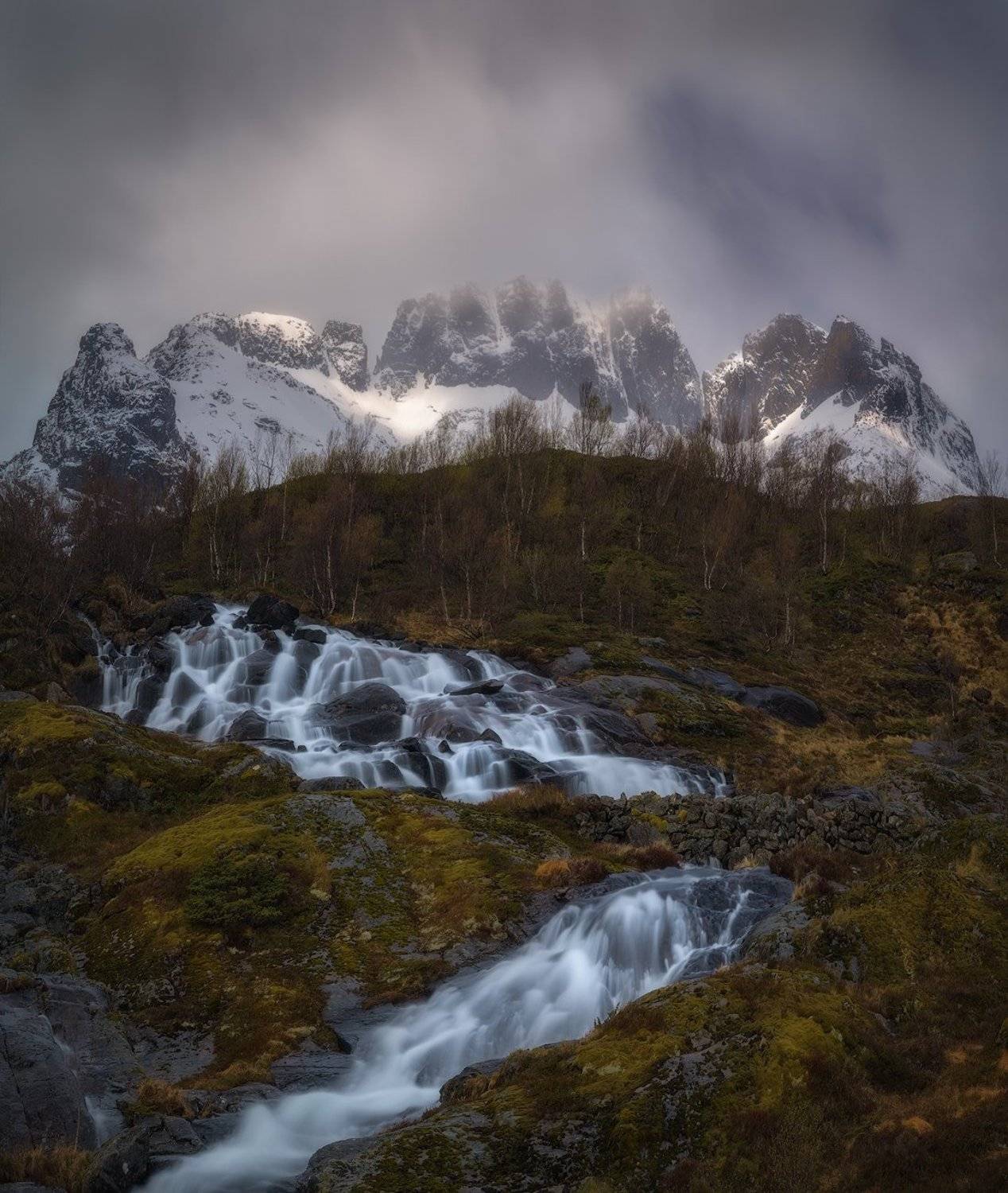 Alpine birch, Birch Trees, bourn, brook, Cliffs, creek, daylight, Falls, fog, Landscape, Lofoten Islands, Long Exposure, Misty, Moskenes, moss, Mountain birch, mountains, nature, no people, Norway Scandinavia, outdoors, rill, Rocks, scenic, Sky, Snow, str, Ludwig Riml