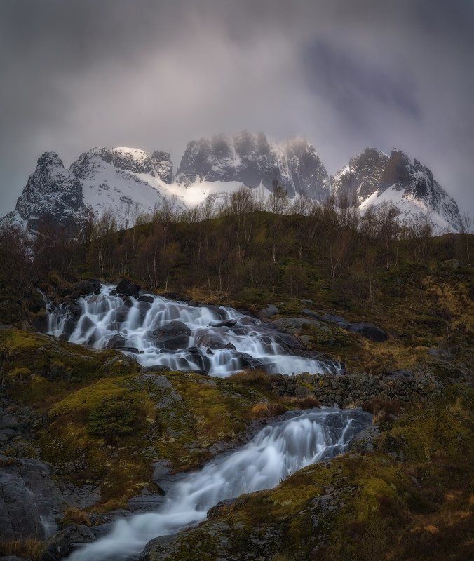 Alpine birch, Birch Trees, bourn, brook, Cliffs, creek, daylight, Falls, fog, Landscape, Lofoten Islands, Long Exposure, Misty, Moskenes, moss, Mountain birch, mountains, nature, no people, Norway Scandinavia, outdoors, rill, Rocks, scenic, Sky, Snow, str Falls фото превью