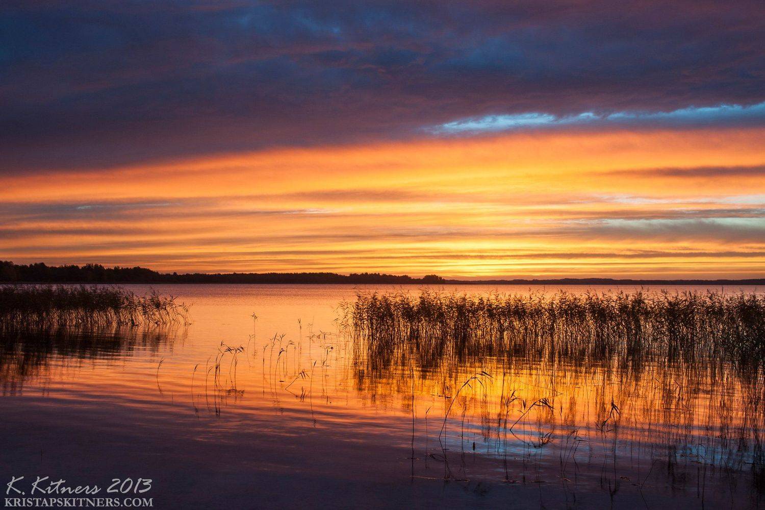 lake grass forest sky clouds water reflection autumn sunset evening latvia, Kristaps Kitners