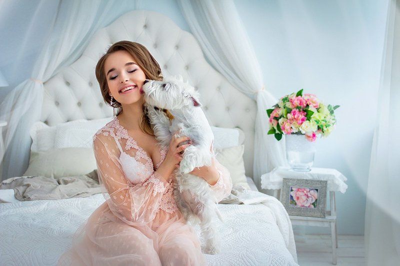 портрет, собака, утро, девушка, нежность, portrait, dog, morning, girl, tenderness *** фото превью