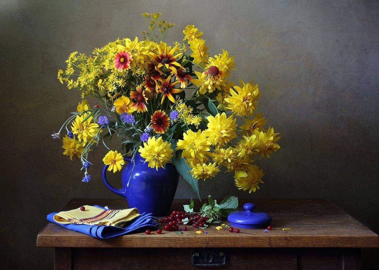 цветы, букет, рудбекия, золотой шар, кореопсис, василёк, черёмуха,, Елена Татульян