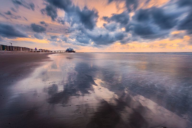 закат, море, акварель, отражения, движение, облака, северное море, бельгия *Акварель* фото превью