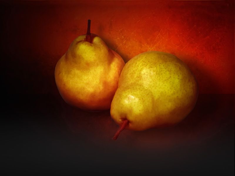 pears, red pears, autumn, autumn colors, autumn still life, beautiful pears,  vegetables, food, nature, color, composition, computer art, decorative art, fantasy, still life with yellow pears фото превью