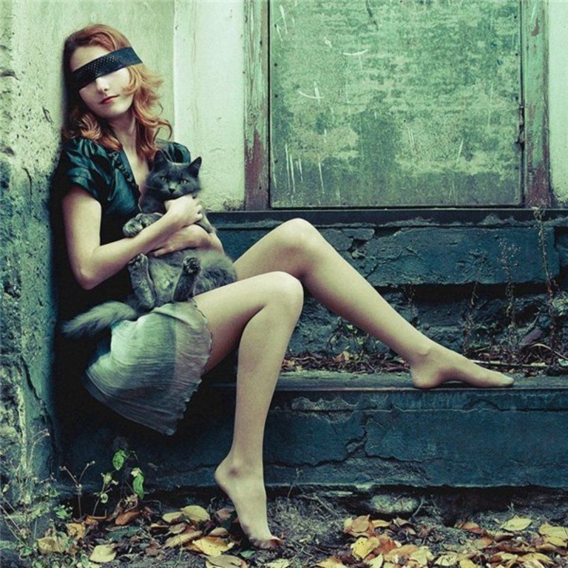 девушка, портрет, кот, улица, осень ... фото превью