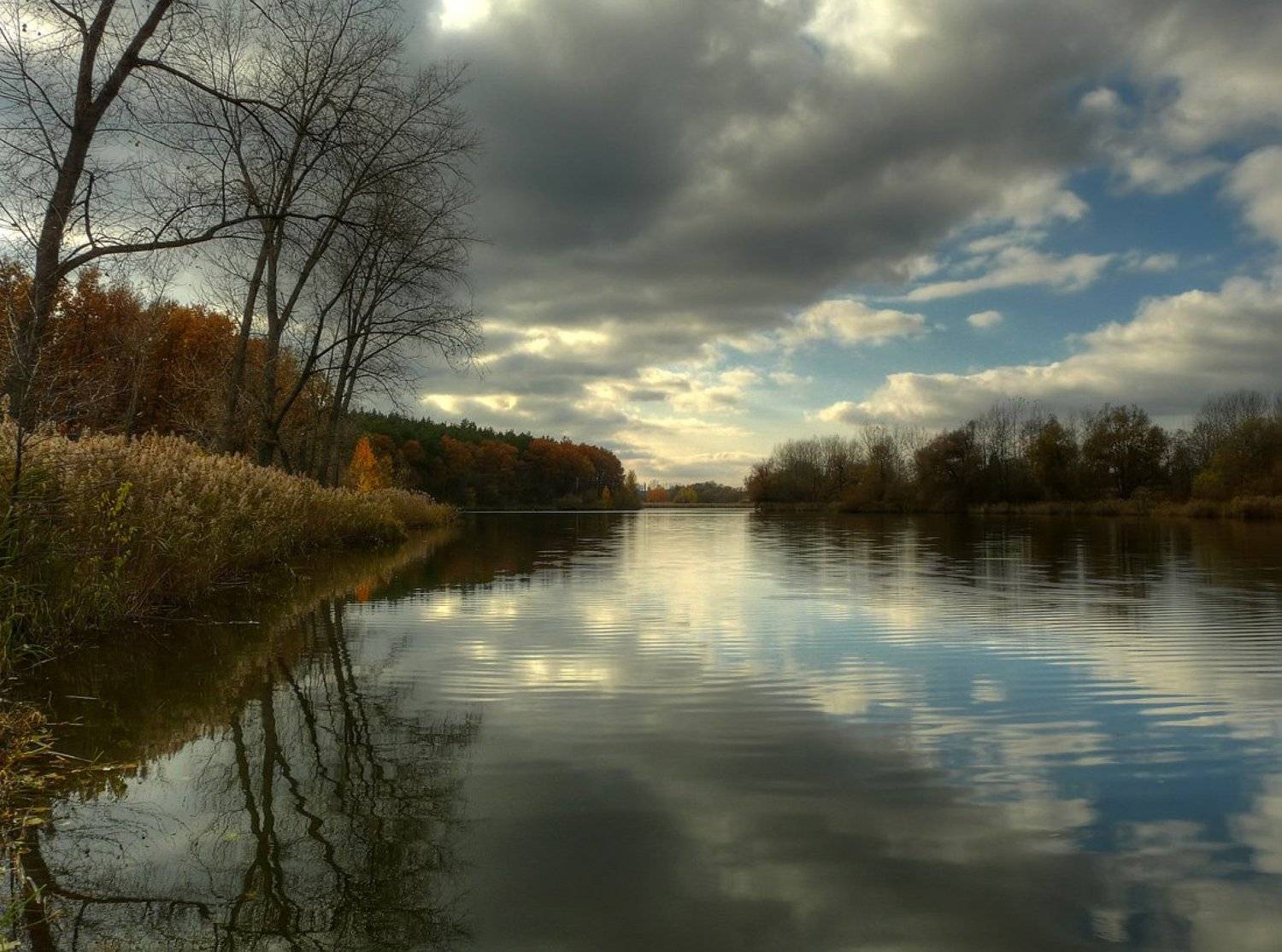 пейзаж, пруд, облака, DAN
