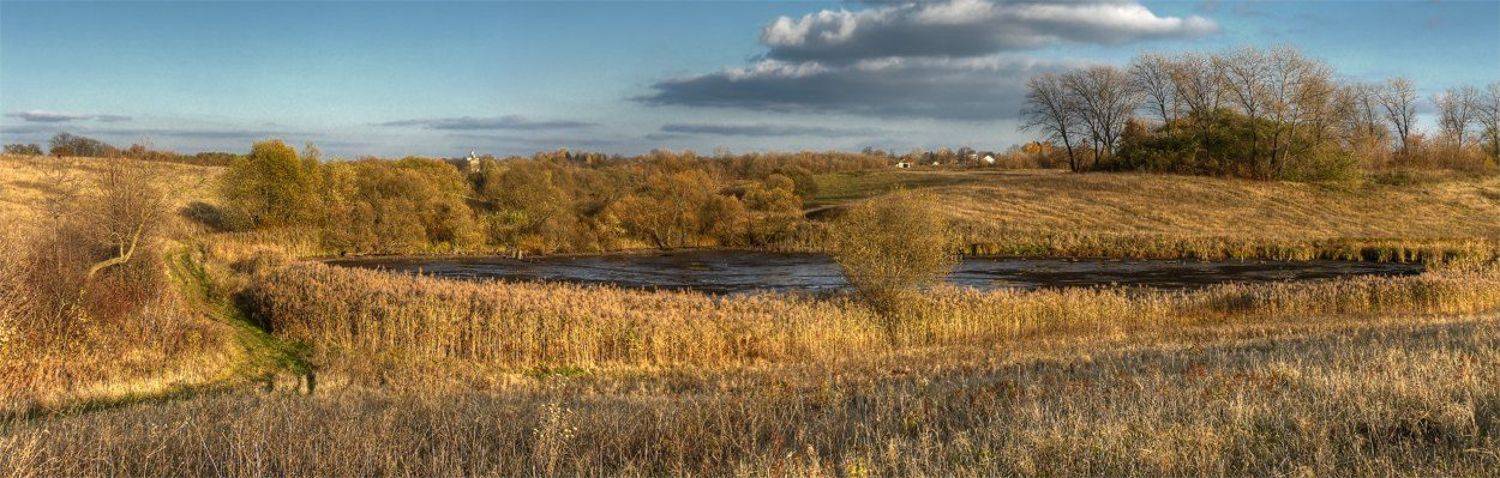 панорама, пейзаж, поле, пруд, деревья, облака, DAN