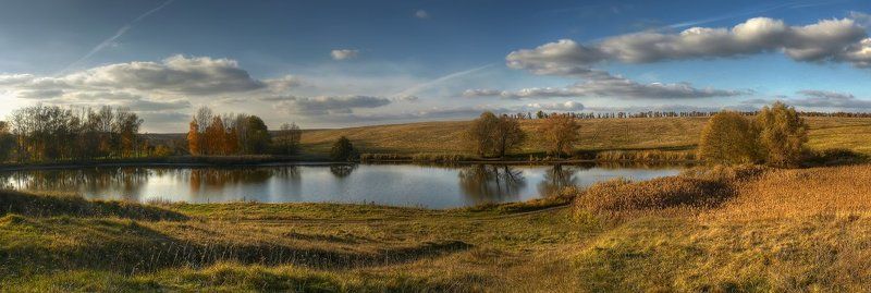 панорама, пейзаж, поле, пруд, деревья, облака  фото превью