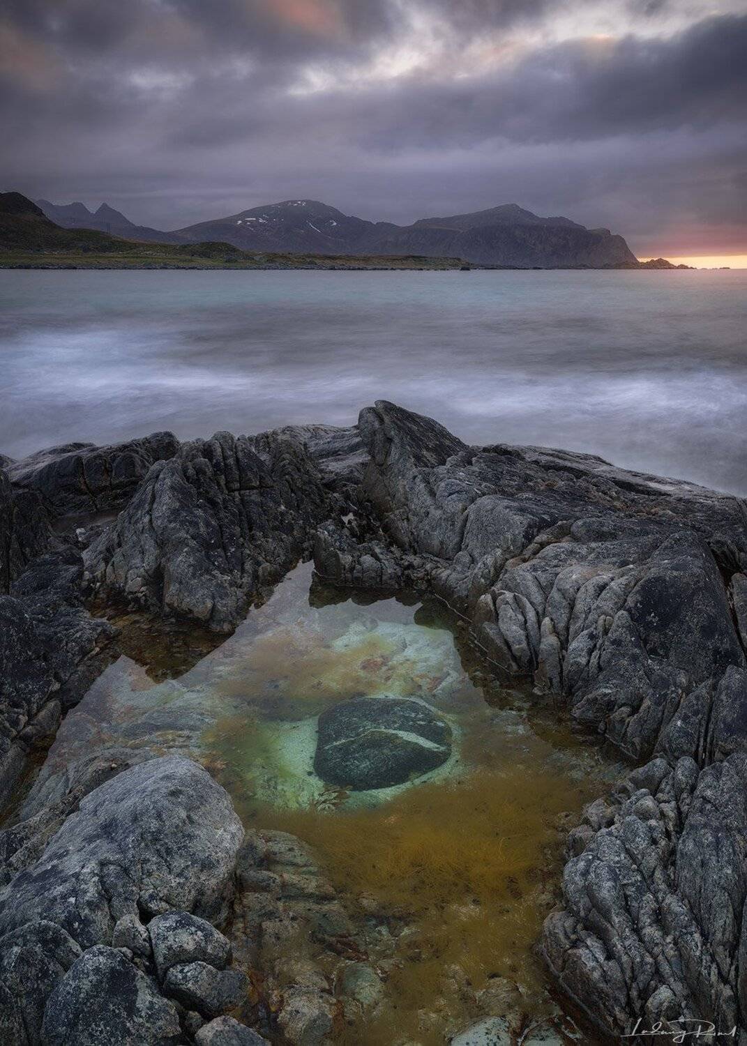algae, basin, beach, blue, cliff, dawn, dusk, green, landscape, lofoten, lofoten islands, long time exposure, mountain, nopeople, norway, outdoors, rock, scandinavia, sea, sea weed, seashore, shore, sky, snow, sun set, tidal pool, uttakleiv beach, utttakl, Ludwig Riml