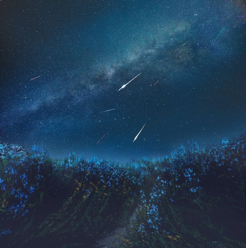Звездопад, ночной пейзаж, астрофотография Метеорный поток Персеиды на Ачишхо фото превью