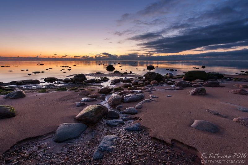 sea river seascape water sky clouds stone reflection sunset evening latvia The Bright Night фото превью