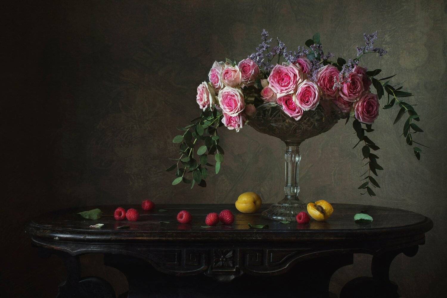 натюрморт, стекло, цветы, розы, ягода, малина, Анна Петина
